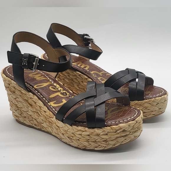 2472- Sam Edelman Darline Wedge Sandals Black Leather Size 9.5 M NWT - Picture 2 of 12